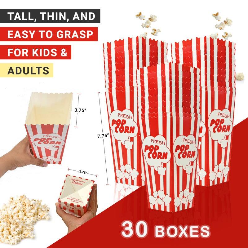 Salbree 30 Movie Night Popcorn Paper Boxes Buckets 7.75 Inches Tall Large Box & Holds 46 Oz Old Fashion Vintage Retro Party Design Red & White Colored Nostalgic Carnival Stripes Bags & Tubs various qty avail - Image 2